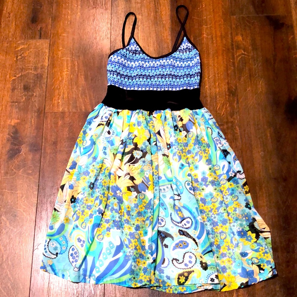 Fun and Funky Spaghetti Strap Flowy Dress with Paisley and Floral Pattern, Small
